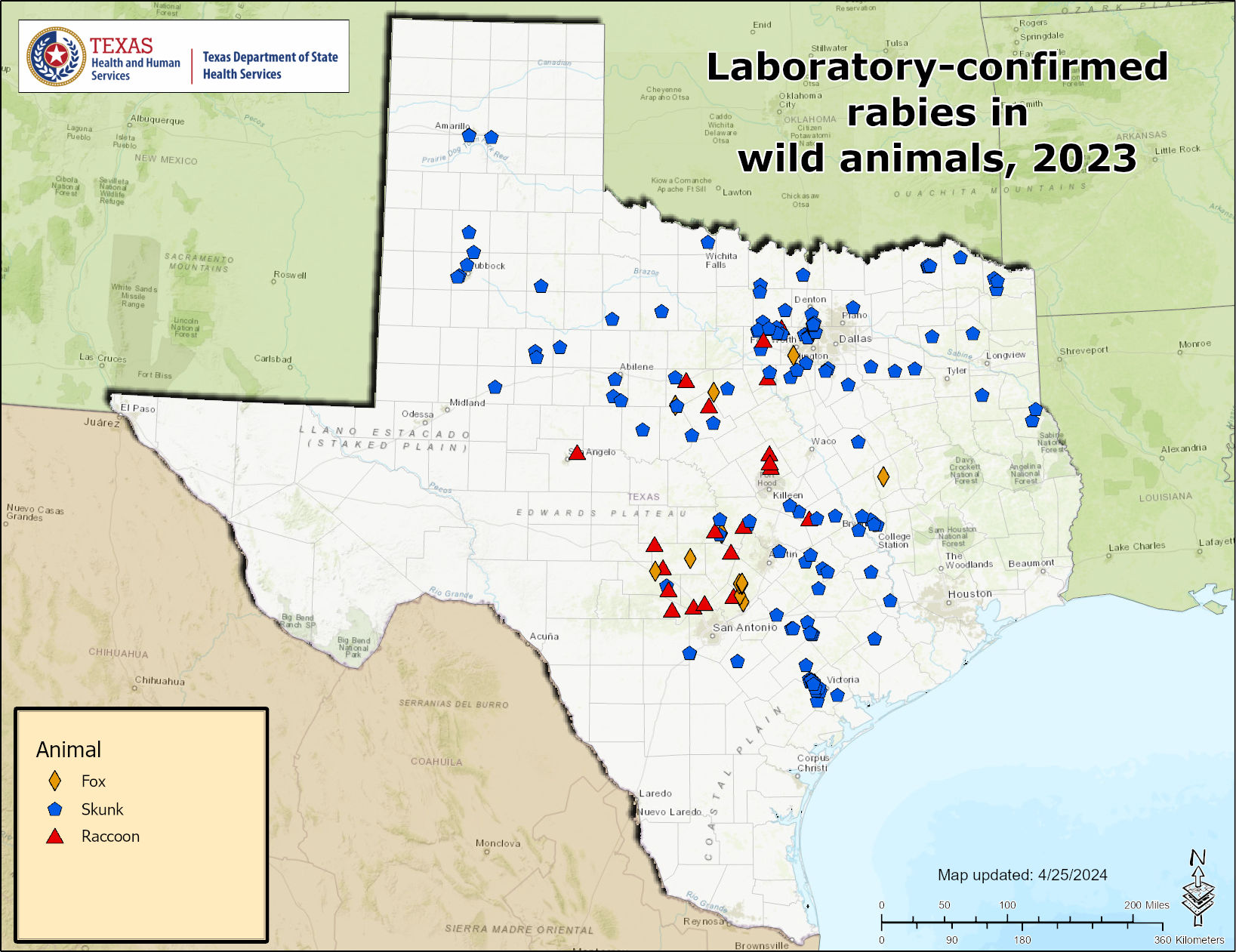 Rabies Maps 2023 Texas DSHS